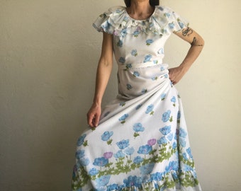 Romantic Vintage Dress | 1970s | Floral Summer Dress | White/Blue | Maxi Ruffle Dress | Bohemian Garden Party | Made in France | Size S