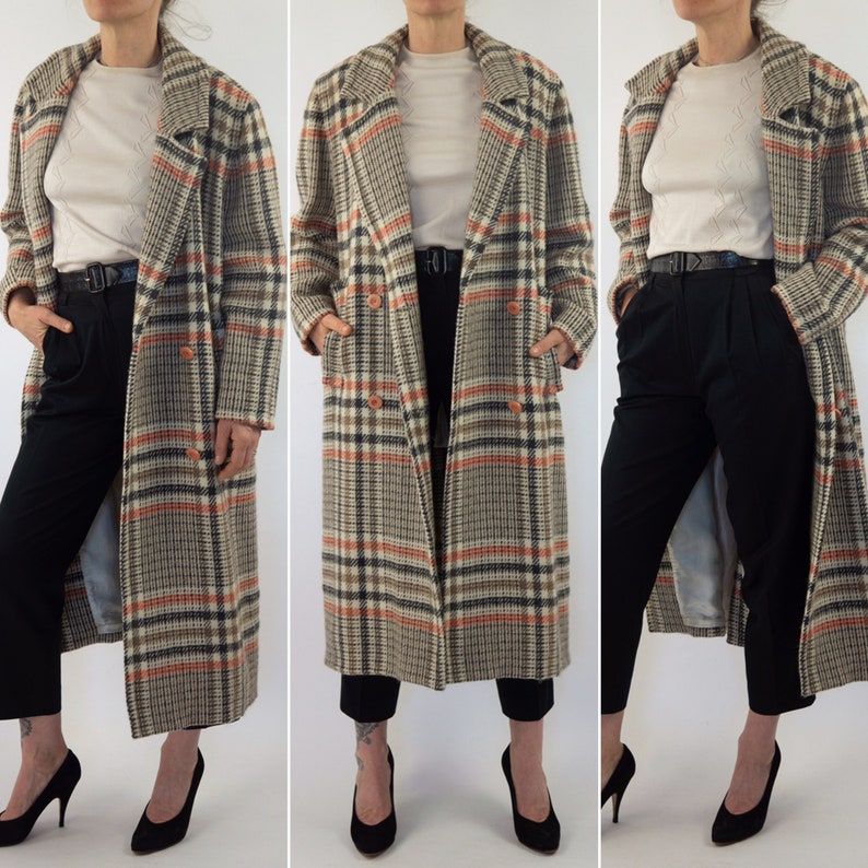 Vintage Courreges ullmaxikap från 1980-talet | Rutig Prince of Wales-kappa, dubbelknäppt | Frankrike | M bild 8