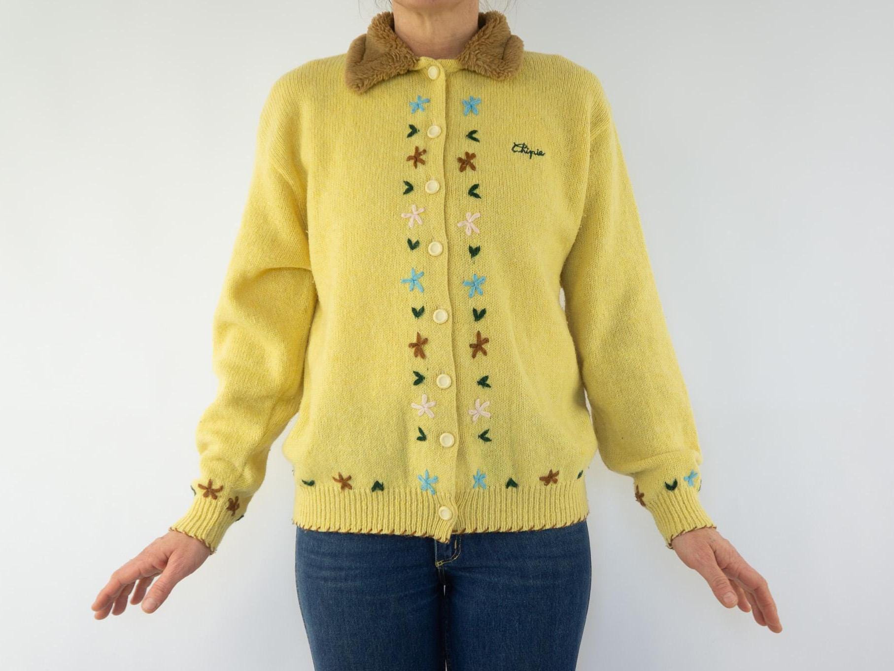 Vintage Chipie Embroidered Cardigan 1980s | Yellow Mohair Wool