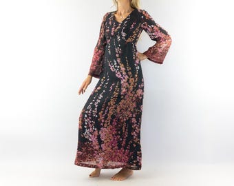 Vintage Floral Maxi Dress 1970s | Bohemian Empire Evening Gown | Black Tulle | M