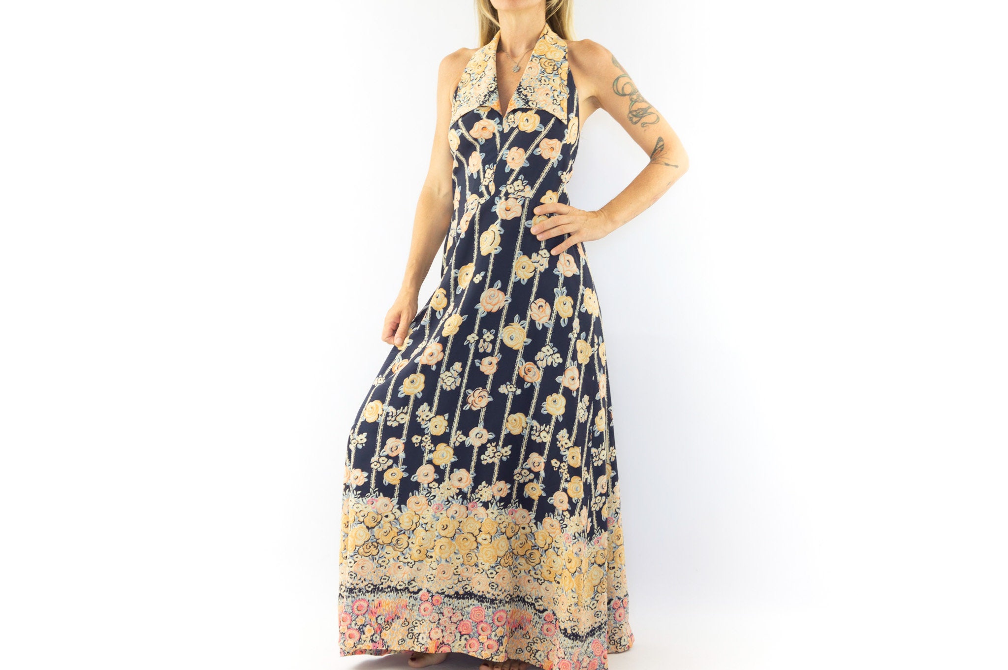Robe Femme Imprimée Bleu Et Or - Col V Galonné - Taille 42 - Grain De Malice - Occasion