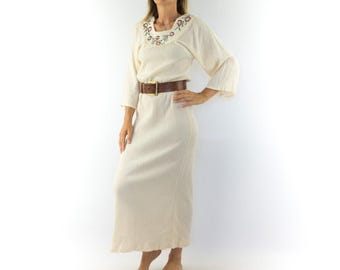 Vintage geborduurde gaas maxi-jurk jaren 1970 | Ivoor bloemen, boho klokmouwen | Griekenland | Mijn
