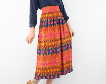 Saia Maxi Vintage Anos 70 | Estampa Floral Abstrata | Corte em A | Estilo Hippie Chic | Fabricada na França | Tamanho P