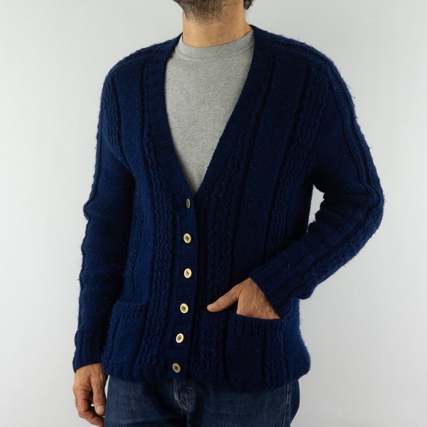 Cardigan Irlandais Vintage | 1980s | Gilet Laine Bleu | Unisex | Tricoté Main | Fisherman/Cable Knit | Made in France | Taille M