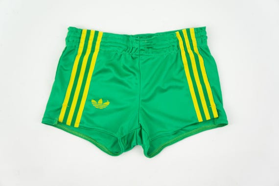 Adidas Ventex Vintage Athletic Shorts 1970s | Shiny Green Yellow Stripes Trefoil | France | XS