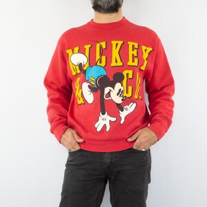 Mickey Mouse | Vintage 1990s Disney Sweatshirt | Red PolyCotton Jumper | Cartoon Logo | Multicolor Print | Made in USA | Size