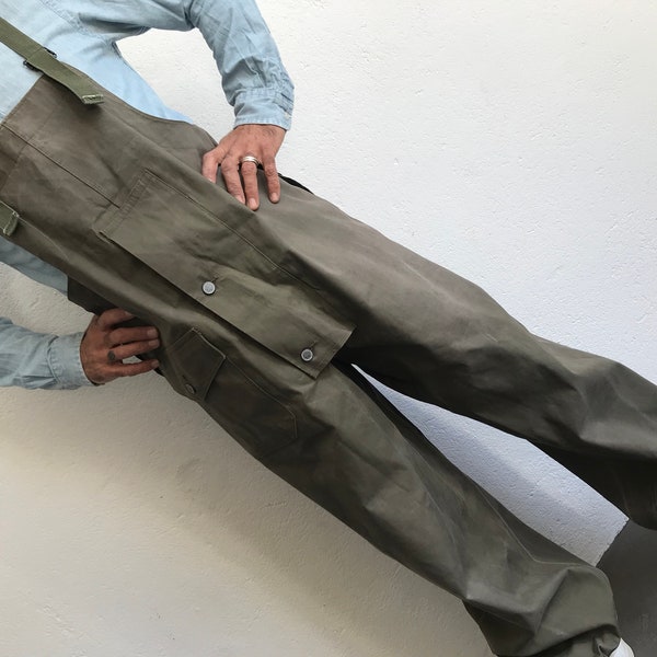 WW2 US Navy Overall | Vintage Dungaree | 1940s | Wet Weather Military Pants | Khaki Green Rubberized Cotton | Suspenders | Made in USA