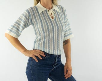 Vintage Knit Polo 1960s | Light Blue Striped Crochet Top, Mod | Made in France | Size S/M