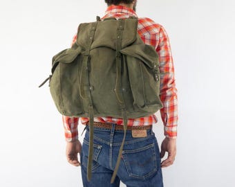 Vintage Lafuma Hiking Backpack 1960s | Khaki Canvas Leather French