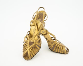 Vintage Charles Jourdan Gold Leather Pumps 1980s | Shiny Stiletto High Heels | France | US5 UK3.5
