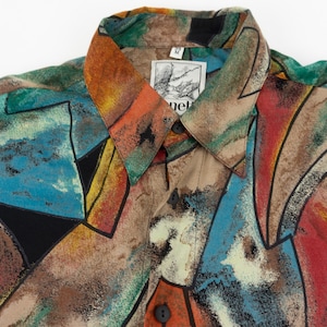 Vintage Men’s Crazy Print Shirt 1980s | Multicolor Abstract Pattern in Fluid Fabric | Long Sleeves | Retro 90s Style Shirt | Size M