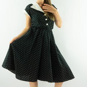 Vintage Black Polka Dot Dress 1980s | Sharp White Collar Sleeveless | Button Front Fit & Flare Skirt | Cotton Summer Retro Pin-up Style | S