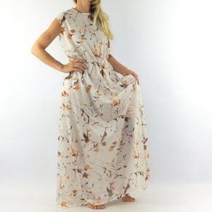 Floral Vintage Dress 1970s | Romantic Summer Dress | Beige/Brown | Maxi High Waist Dress | Bohemian Party Dress | Transparence | Size M