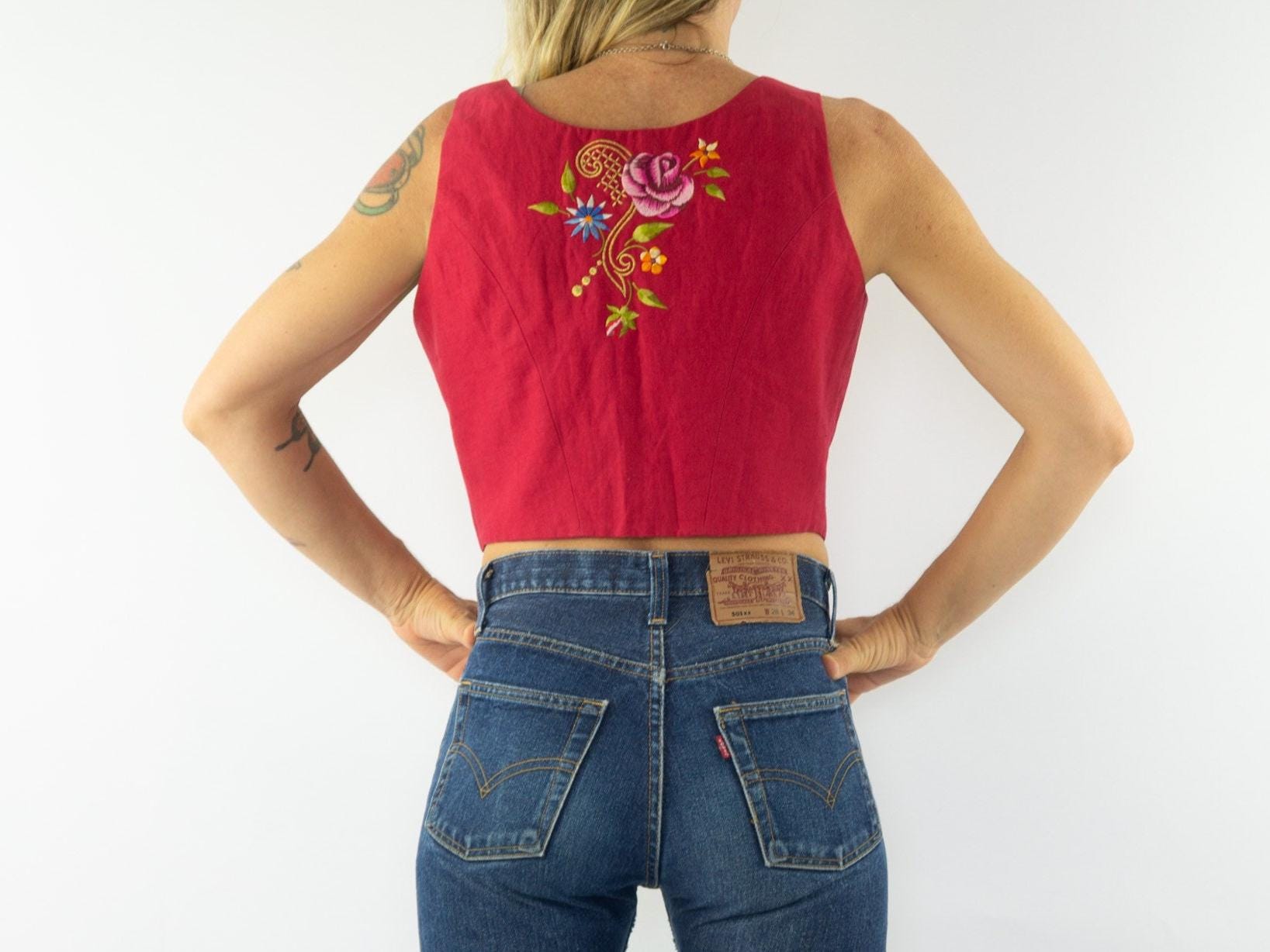 Vintage Kenzo Linen Vest 1980s | Short Red Floral Embroidered