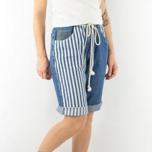 Vintage Bermuda Shorts 1980s | Striped Denim Shorts | 80s Streetwear Fashion | Summer Jeans Pants | Made in France | Size M/L