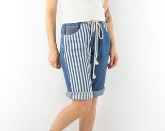 Bermuda vintage anni '80 / Jeans estivi in denim a righe / Moda streetwear / Francia / M/L