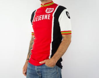 Vintage BP Lejeune Radtrikot 1970s| Dreifarbiges Stricken, Logos | Retro Racing | Frankreich | S/M