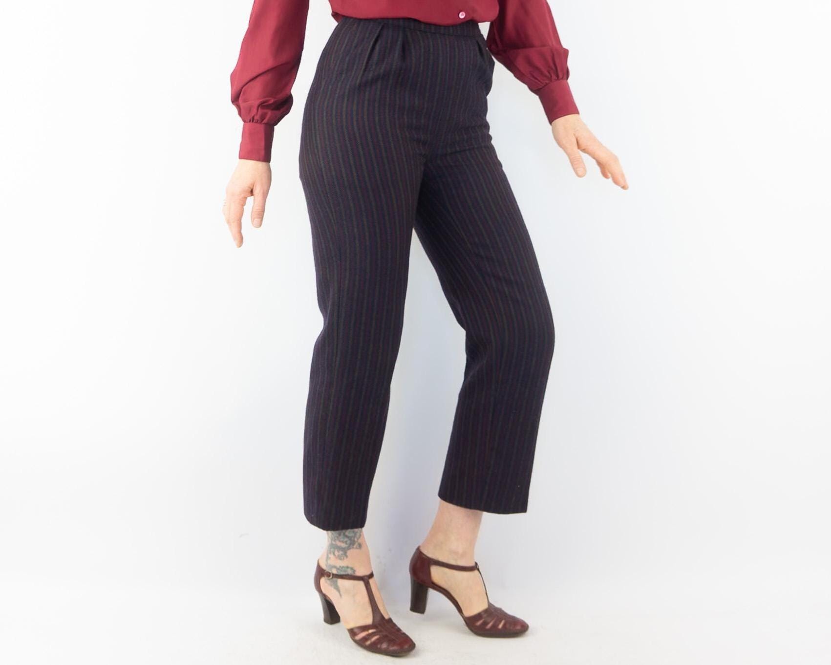 Vintage Wool Pinstripe Trousers 1980s | Navy High Waist Tapered