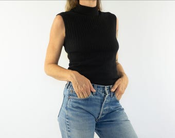 Vintage Chacok Ärmelloser Wollpullover 1990s | Schwarzes geripptes Strickoberteil | Minimalistisch | Frankreich | M