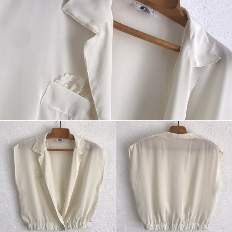 Short Vintage Top 1980s Shiny Ivory Blouse Crossed Blouse Sleeveless French Vintage Crop Top Made in France Size S image 9