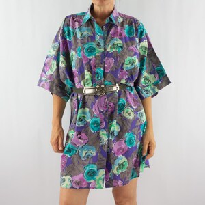 Vintage Oversized Shirt 1990s | Bold Rose Print in Purple/Mint/Lavender | Pleated Shoulders | Can Be Worn as Dress or Tunic | Size M/L