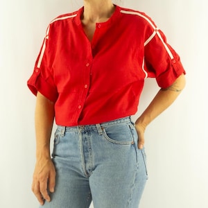 Feminella | Vintage Women&#39;s Blouse 1980s | Bright Red with White Stripes | Batwing Sleeves | Retro Power Dressing Look | Loose Fit | Size M
