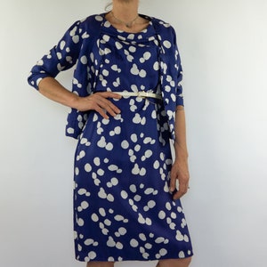 Vintage Silk Dress Set 1950s | Blue White Polka Dot Dress & Jacket | Elegant Summer 2 Piece | French 50s Style | Made in France | Size S/M