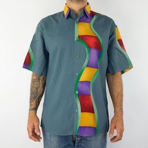 Vintage Print Shirt 1990s | Blue Multicolor Abstract Pattern Loose Fit Shirt | Short Sleeve Retro Crazy Button Up | 90s Fashion | Size S