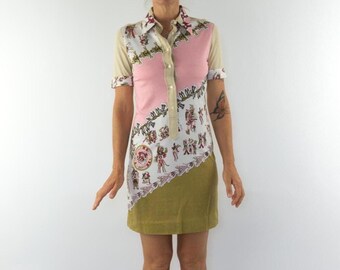 Vintage Mini A-line Dress 1970s | Abstract Print Shirt Dress | Mod Style | NOS | S/M