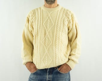 Vintage Country Collection Fisherman Sweater 1980s | Cream Cable Knit Wool | Ireland | L