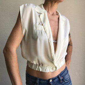 Short Vintage Top 1980s Shiny Ivory Blouse Crossed Blouse Sleeveless French Vintage Crop Top Made in France Size S image 7