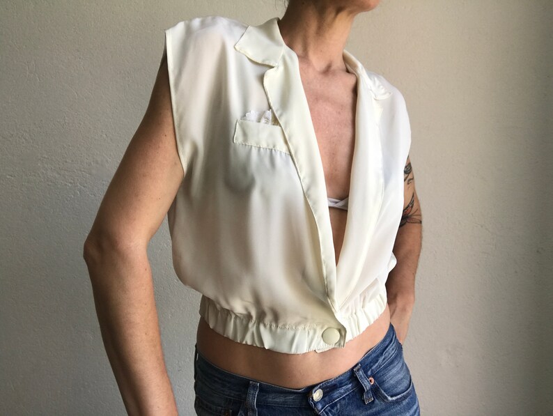 Short Vintage Top 1980s Shiny Ivory Blouse Crossed Blouse Sleeveless French Vintage Crop Top Made in France Size S image 7