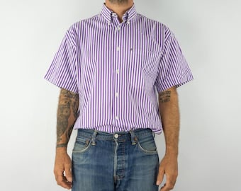 New Man Chemise Rayures Vintage 1980s | Chemise Blanche Violette | Col Boutonné, Manches Courtes | France | L