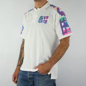 Adidas Vintage Tennis Polo 1990s | Edberg Collection ATP Tour | White Cotton with Multicolor Graphic Shoulder Design | Retro Sportswear | M