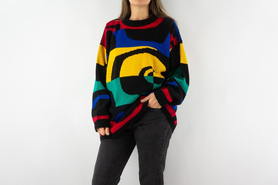 Pull Colorblock Pull Colorblock Vintage 1980s | Cercles Multicolore Tricot en Laine ...