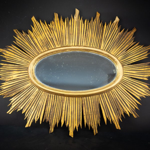 Miroir Soleil Vintage | 1950s | Oeil de Sorcière | Cadre en Bois Sculpté | Miroir Baroque Doré | Cabinet de Curiosité | Made in France