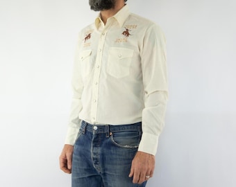 Vintage Western Shirt 1970s | Horse Embroidery, Cotton Blend | Cowboy Style | Western Wear | M
