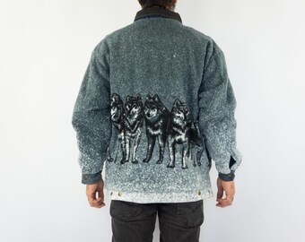 Vintage Reversible Denim Trucker Jacket | Wolves Printed Fleece | Oversized, Dark Wash | XL