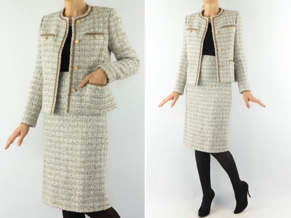 Tailleur Jupe Vintage 1960s Ensemble Veste Blazer Jupe Tweed Blanc jupe Crayon Veste Courte Made in France Taille L XL Etsy France