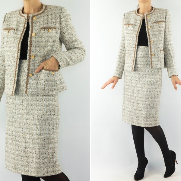 Tailleur Jupe Vintage | 1960s | Ensemble Veste Blazer/Jupe | Tweed Blanc | jupe Crayon | Veste Courte | Made in France | Taille L/XL