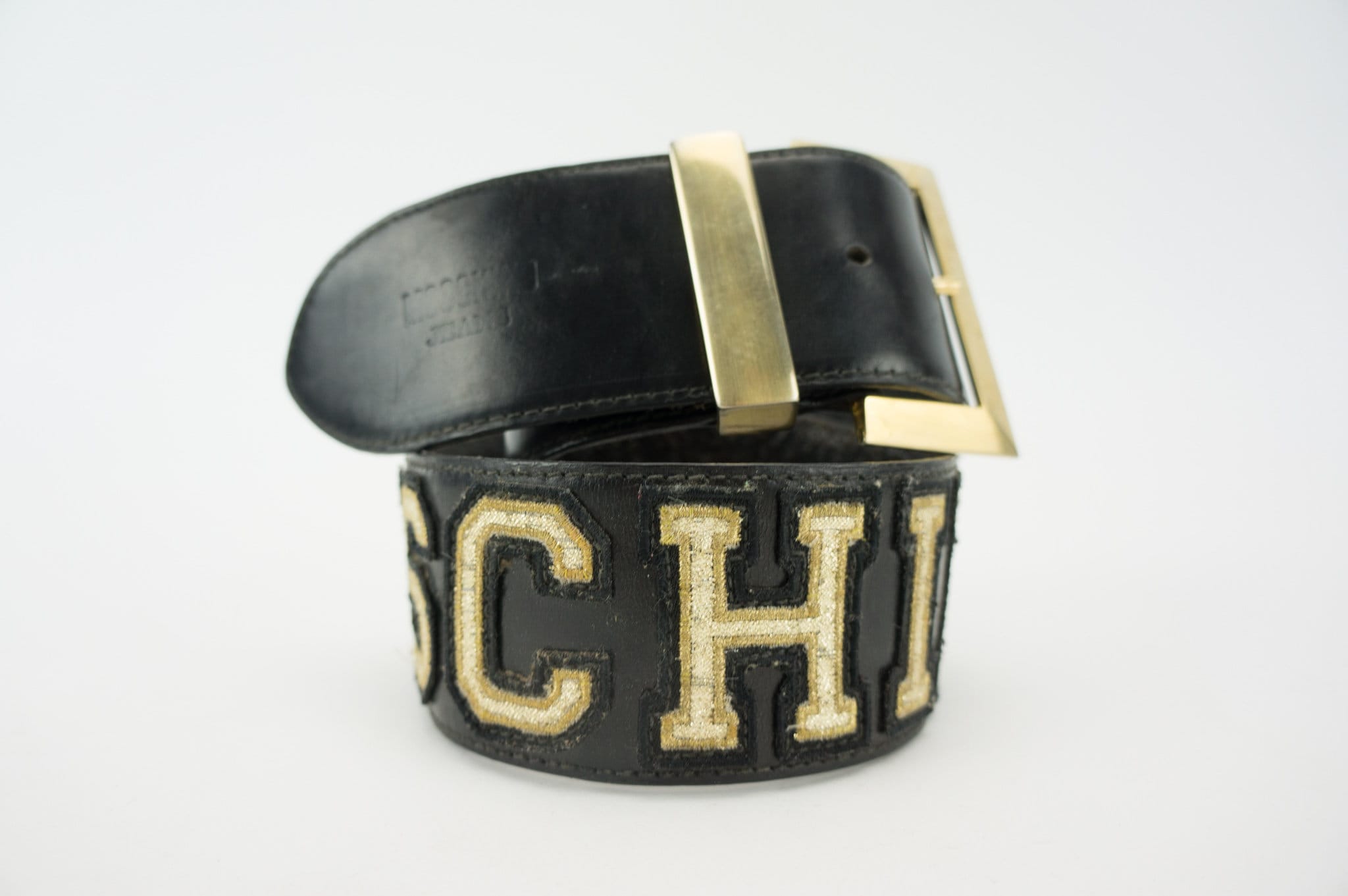 Vintage Moschino Belt 1990s | Black Leather Gold Lettering 