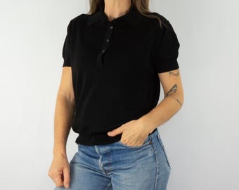 Vintage gebreide polo jaren 60 | Zwarte korte mouwen | Kraag met knopen | Mod jaren 60-stijl | Frankrijk | Mijn