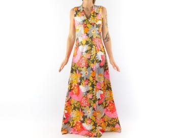 Vintage Floral Maxi Dress 1970s | Retro Evening Dress | Extra Long,  Multicolor | M