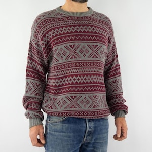 Suéter vintage Pendleton, años 90, tejido de algodón gris jacquard burdeos, cuello redondo, talla M
