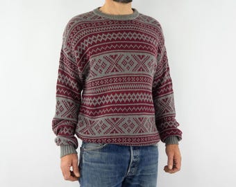 Suéter vintage Pendleton anos 90 | Tricô de algodão cinza com jacquard bordô | Gola redonda | M