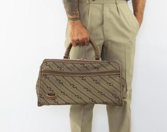Vintage Doctor's Bag 1980s | Leatherette Canvas Geometric Fabric | Gladstone Weekender | Travel Overnight Bag