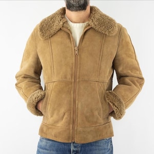 Vintage Shearling Jacket 1980s | Brown Sheepskin Leather Jacket | Short Flight Jacket Style with Fur Collar and Cuffs | Retro Winter Coat