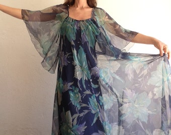 Vintage Floral Dress | 1990s | Maxi Tulle Dress | Ruffle Summer Dress | Blue/Green/Purple | Backless Evening Dress | Made in France | Size S