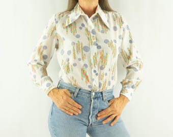 Vintage Psychedelic Shirt 1960s | White Floral Polka Dots Blouse | Pointed Collar | Mod Retro | M