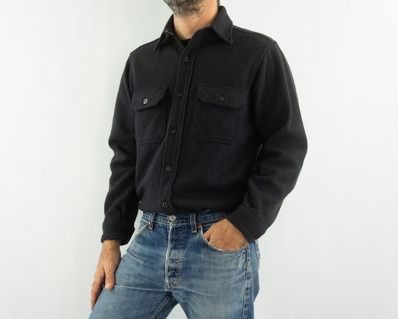 Vintage Woolrich CPO Wool Shirt 1970s | Black Heavy Workwear |  USA | M